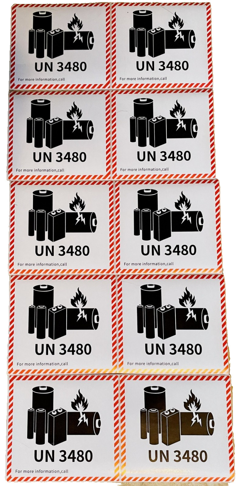 UN3480 Lithium-Ion Battery Hazard Warning Shipping Label Sticker 4.7×4.3″ Qty 10