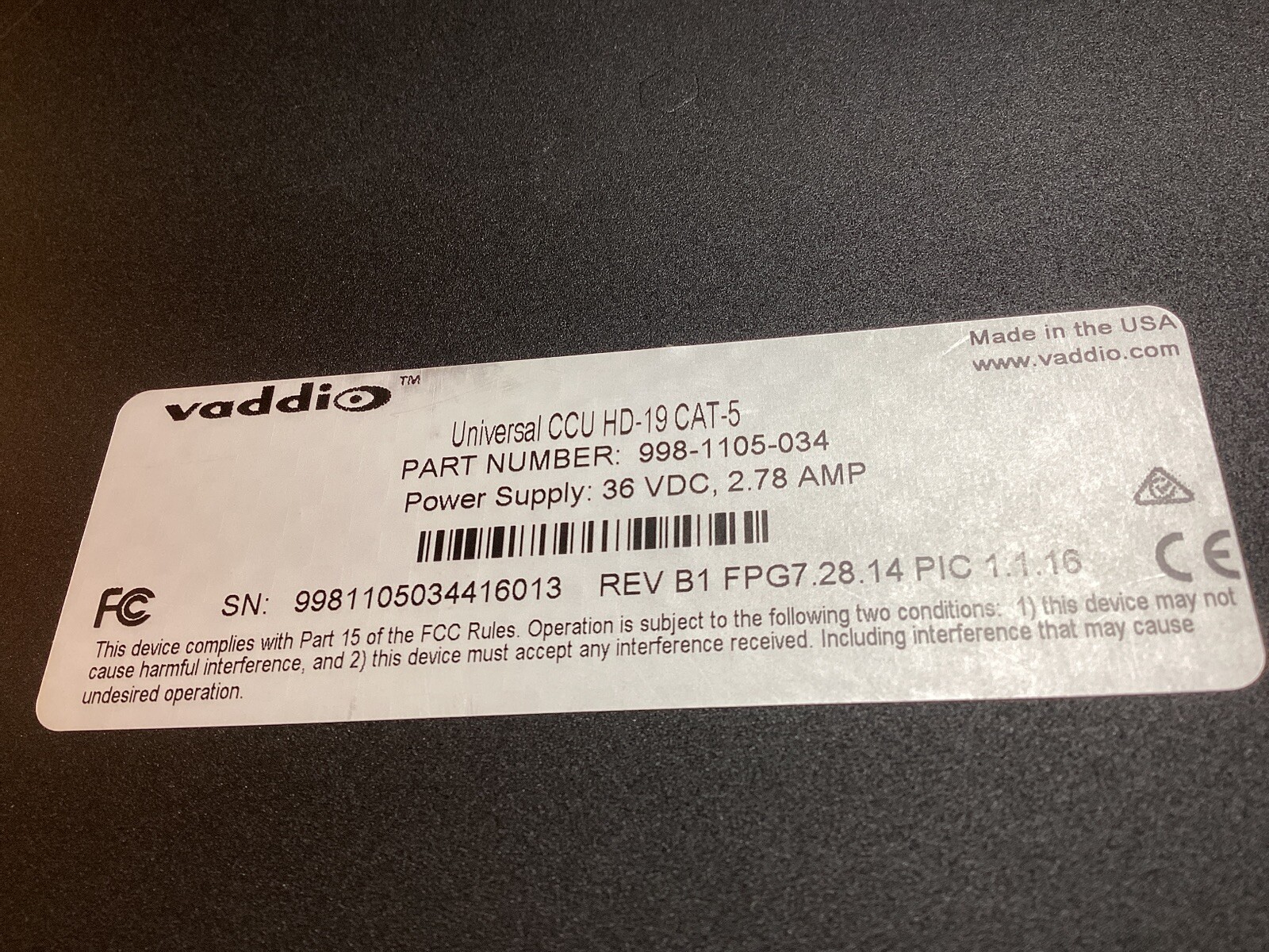 Vaddio 998-1105-034 Universal CCU HD-19 Cat5 Camera Remote Control