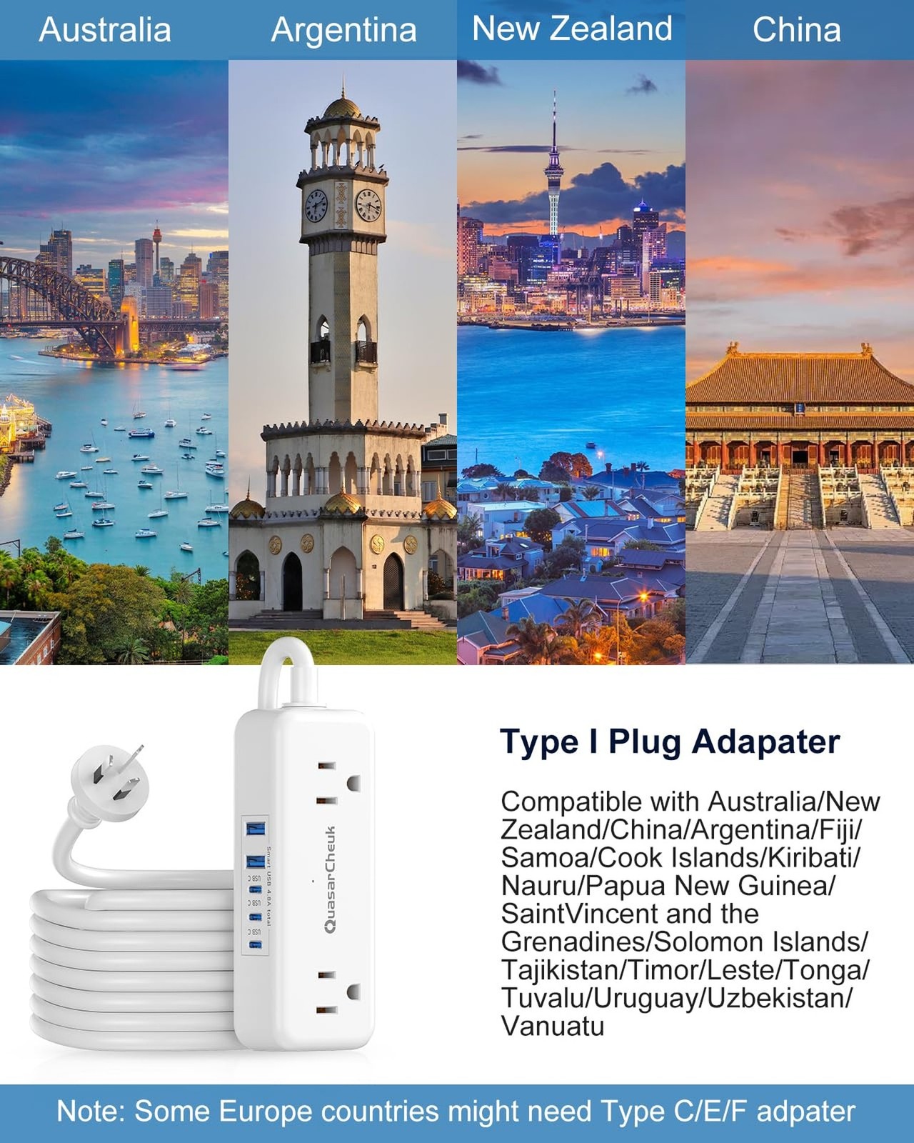 Australia Plug Adapter, New Zealand Power Adapter, Type I Plug Adapter, 4FT
