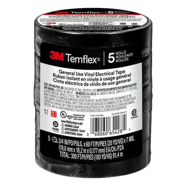 Temflex 3/4 In. X 60 Ft. 1700 Electrical Tape Black (5-Pack)