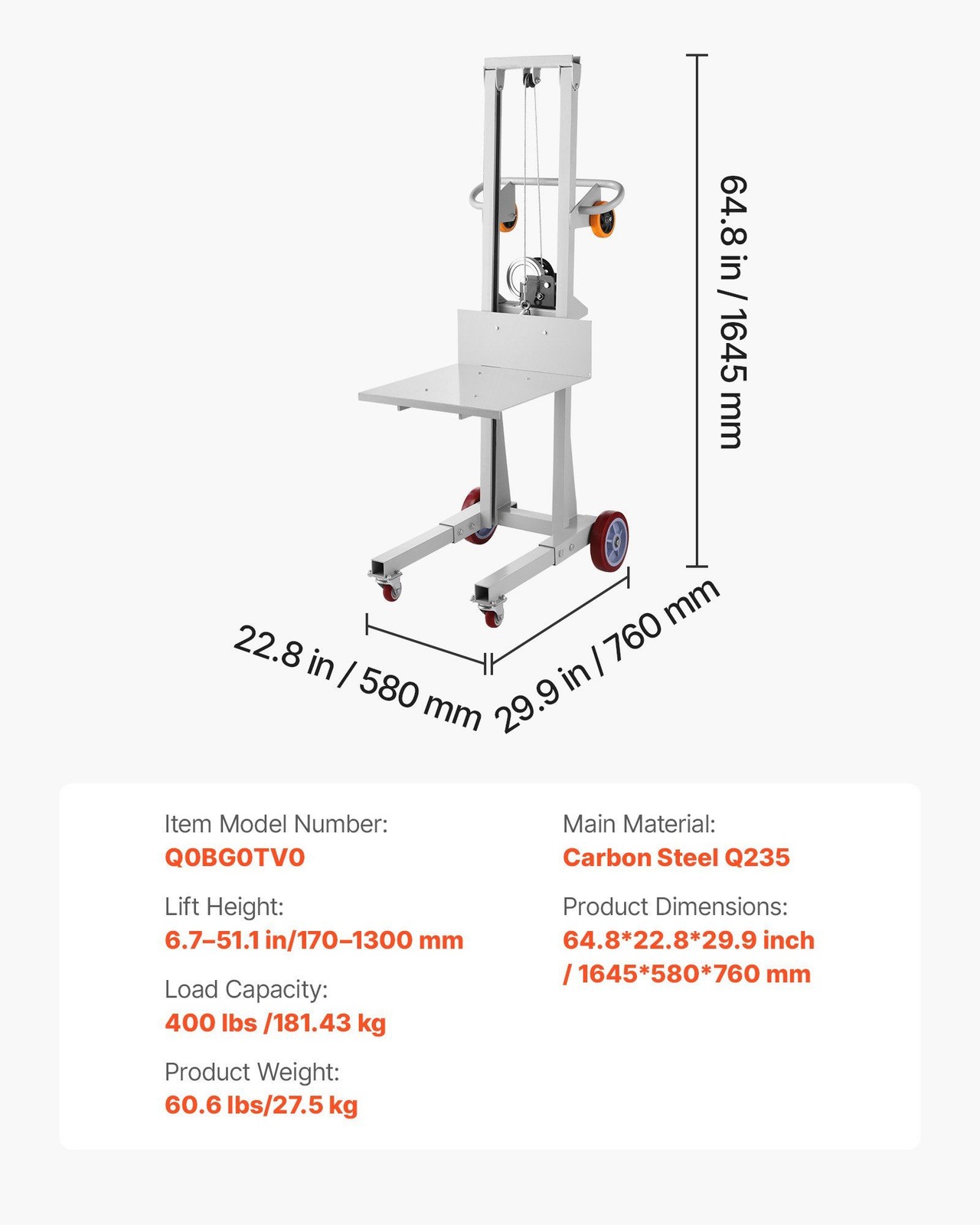 Functional Manual Lift Equipment with 400lb Rating and 6.7-51.2in Travel