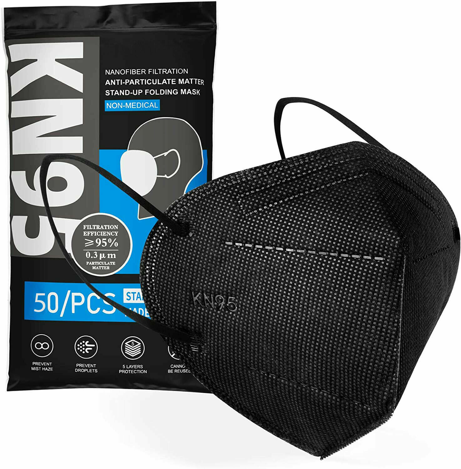 10/50/100 Pcs Black KN95 Protective 5 Layer Face Mask BFE 95% Disposable Masks