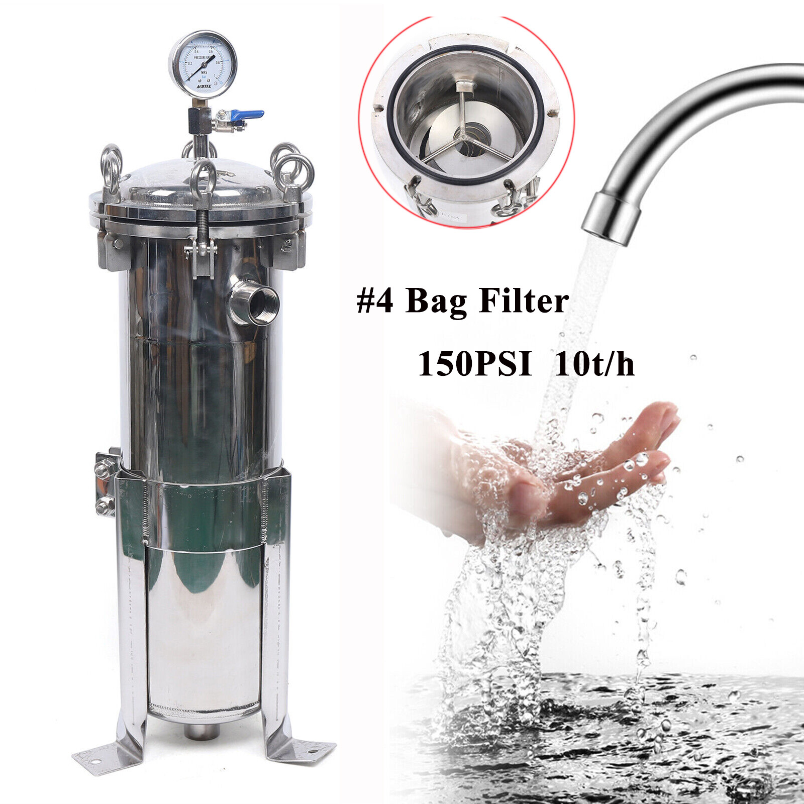 150 Psi Bag Filter Housing Sock Filter 304 Stainless Steel In/Out #4 Bag w/ Mesh
