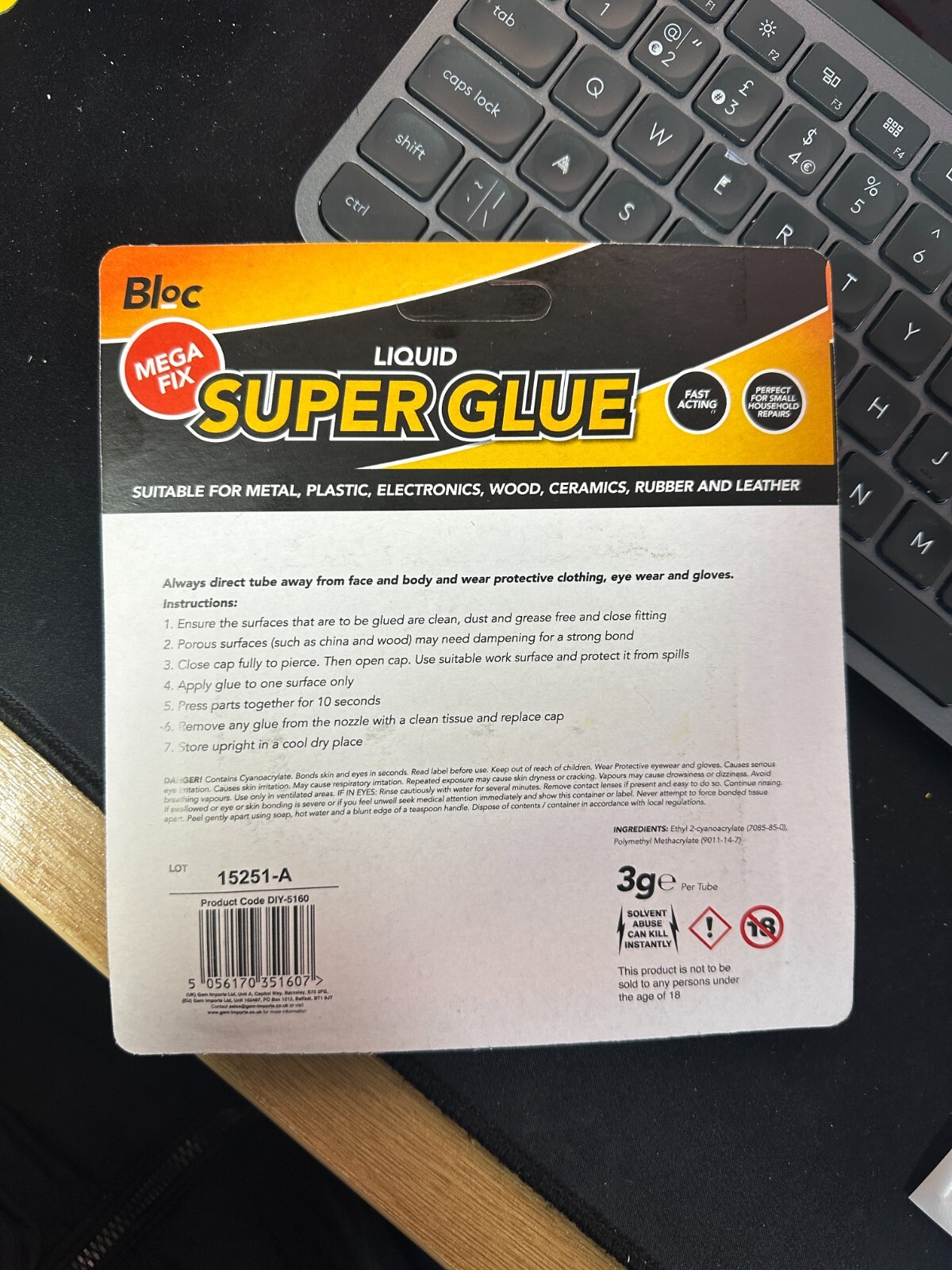 5 Pack 3g SUPER GLUE Strong Bond Adhesive Plastic Glass Wood Rubber Metal UK