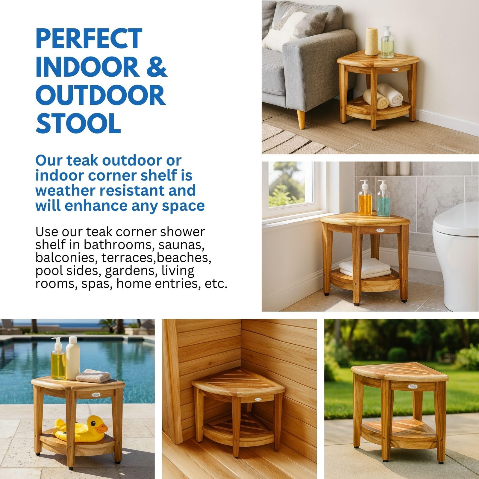 EcoDecors ED974 Corner Teak Shower Bench with Shelf 350 lb Capacity Tool-Free