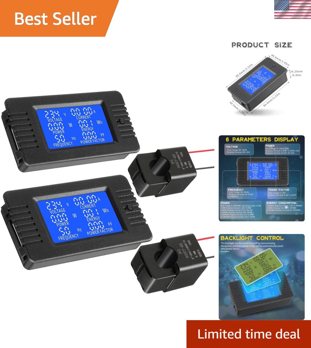 2-Piece AC Current Voltage Power Meter 80-260V 100A LCD Display, Multi-Function