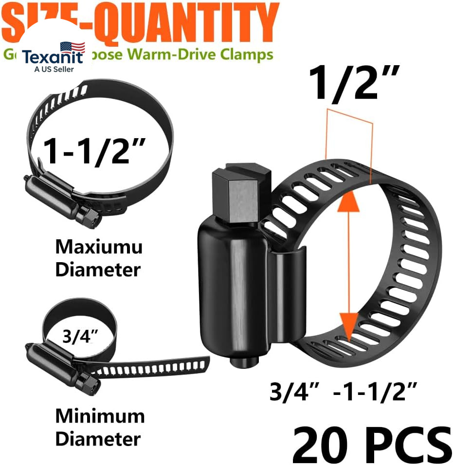 20Pcs Black Hose Clamp,3/4″- 1-1/2″(21-38Mm)304 Hose Clamps Stainless Steel Adju