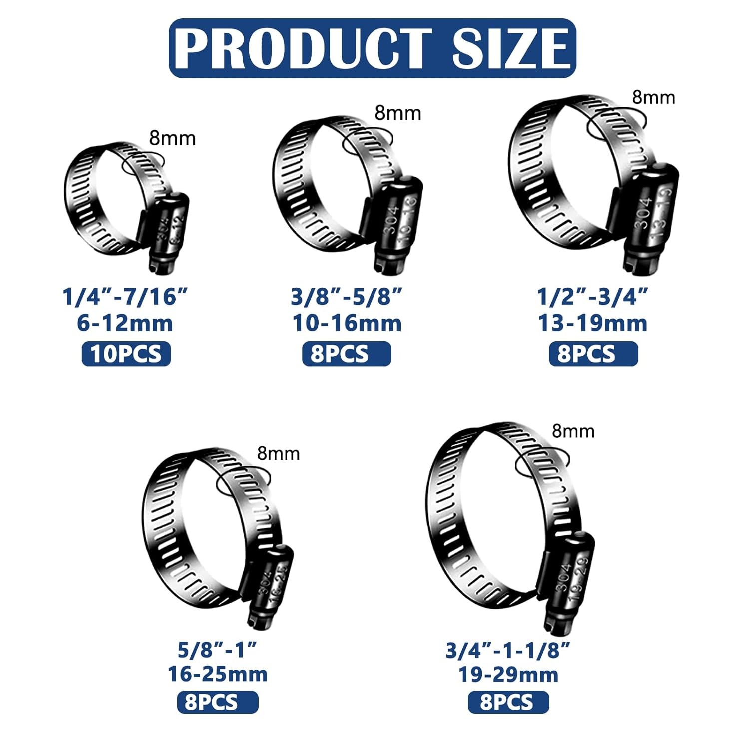 42pc Black Stainless Steel Hose Clamps Assortment Kit 1/4 to 1-1/8 Adjustable