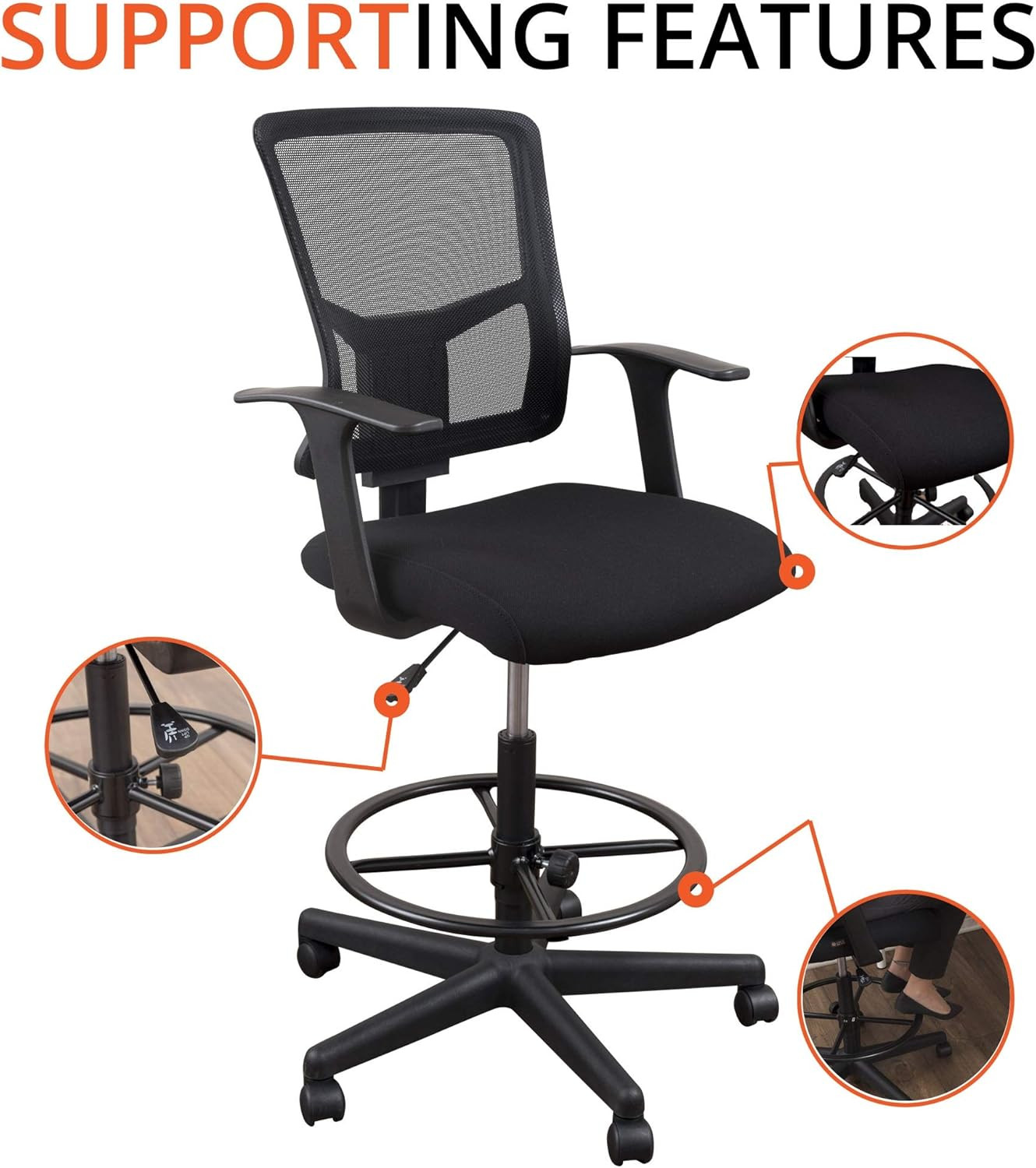 Sit to Stand Drafting Task Stool Chair for Standing Desks with Adjustable Footre
