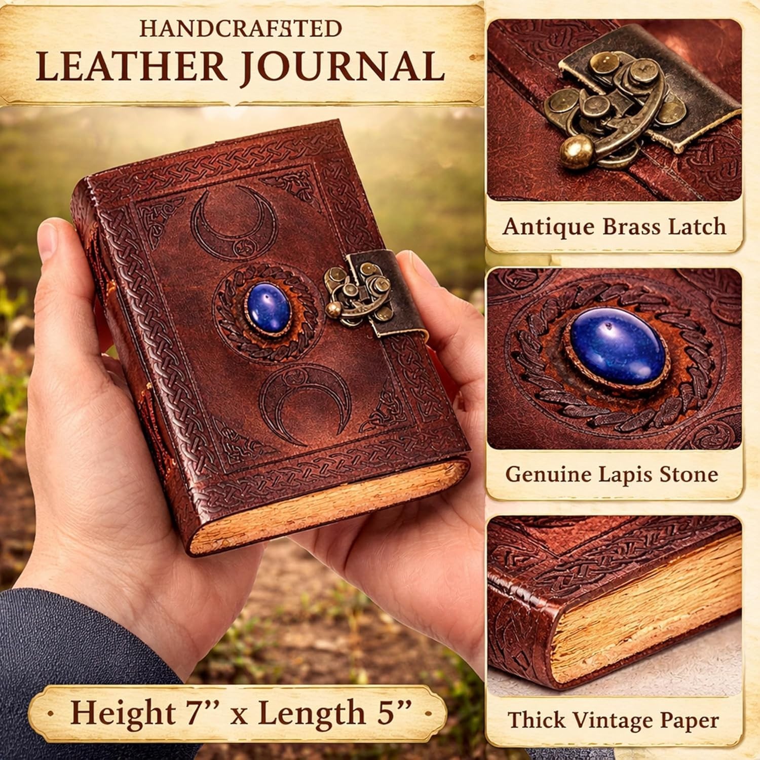 3 Moon Blue Lapis Embossed Vintage Leather Journal | 240 Pages of Antique Han…