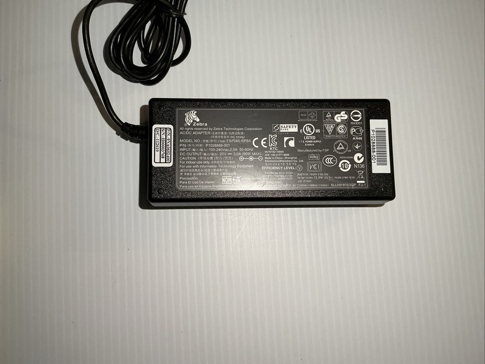 Zebra FSP060-RPBA 60W 20V 3.0A AC Power Adapter Charger (P1028888-001)