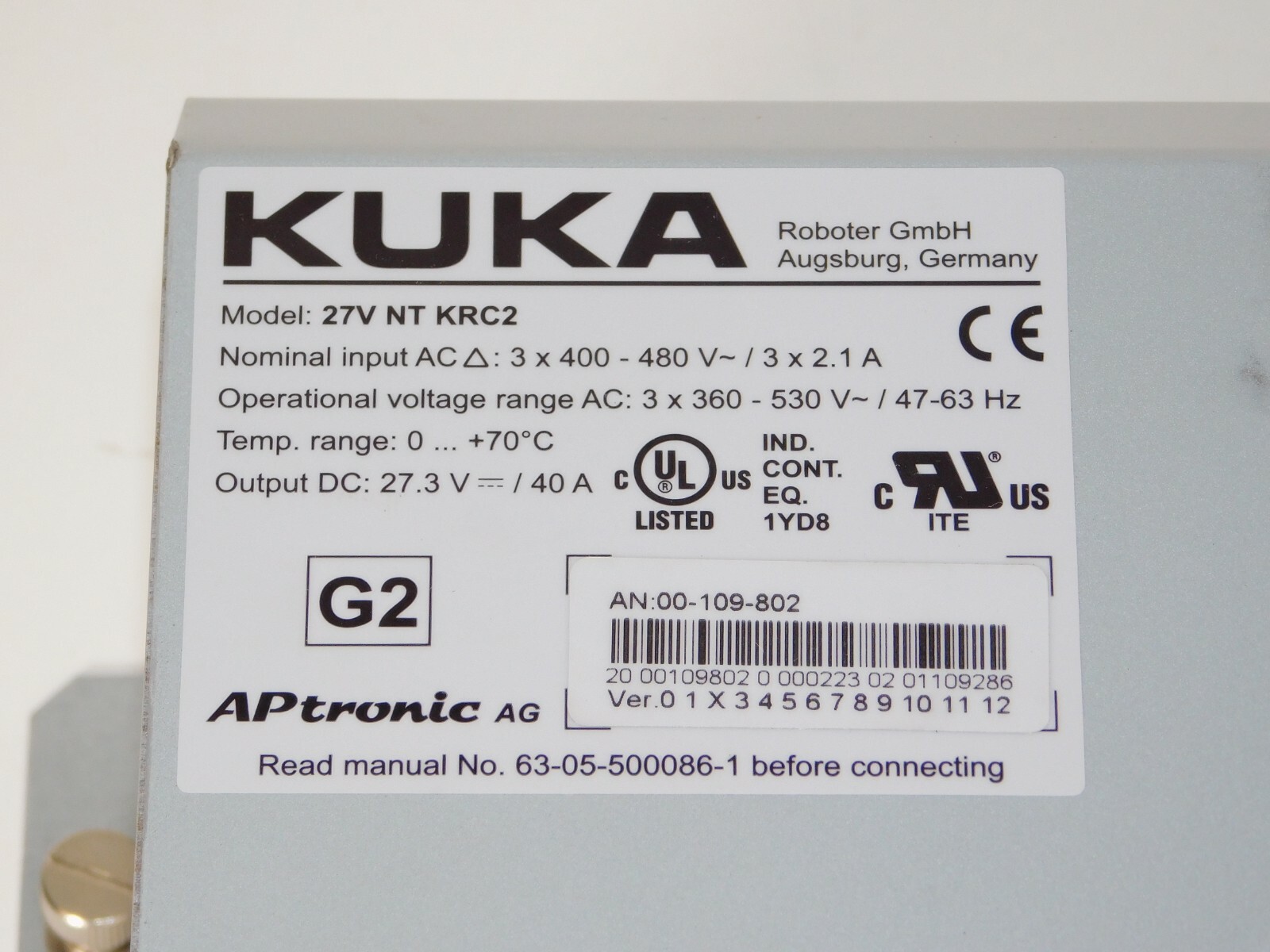 KUKA 27V NT KRC2 APtronic Power Supply 27.3 VDC 40 AMP Industrial Machine Unit