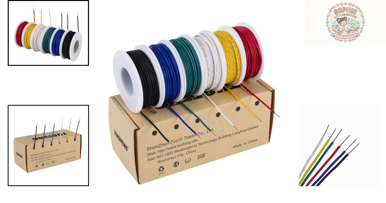 Six 30ft Spools of 22 AWG Solid Core Wire – Tinned Copper, 300V for DIY Projects