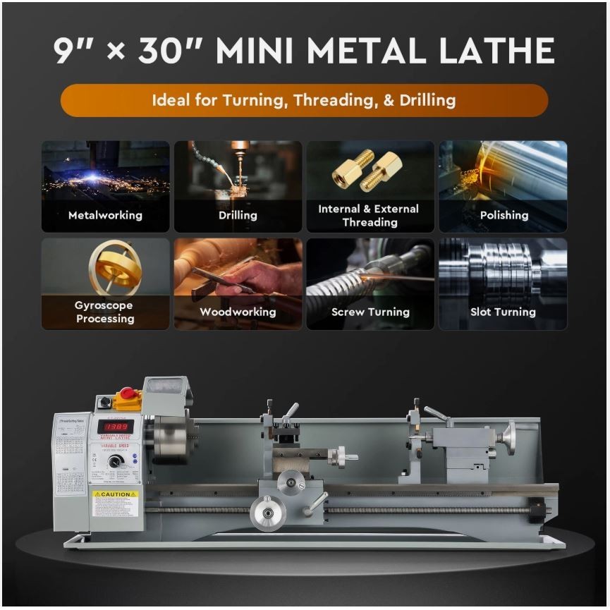 9×30″ Mini Metal Lathe 1100W DC Motor 3-Jaw Chuck LCD Display Metalworking