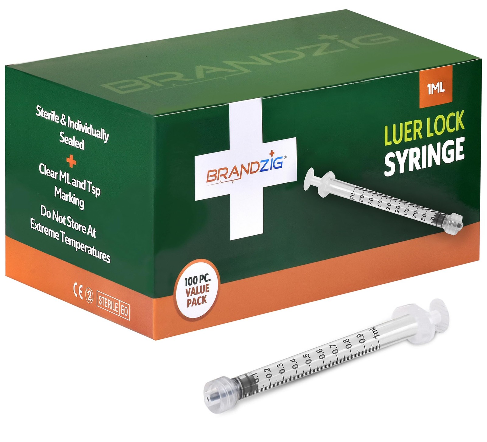 BRANDZIG 1mL Luer Lock Syringe (No Needle) – Sterile, Individually 1 mL