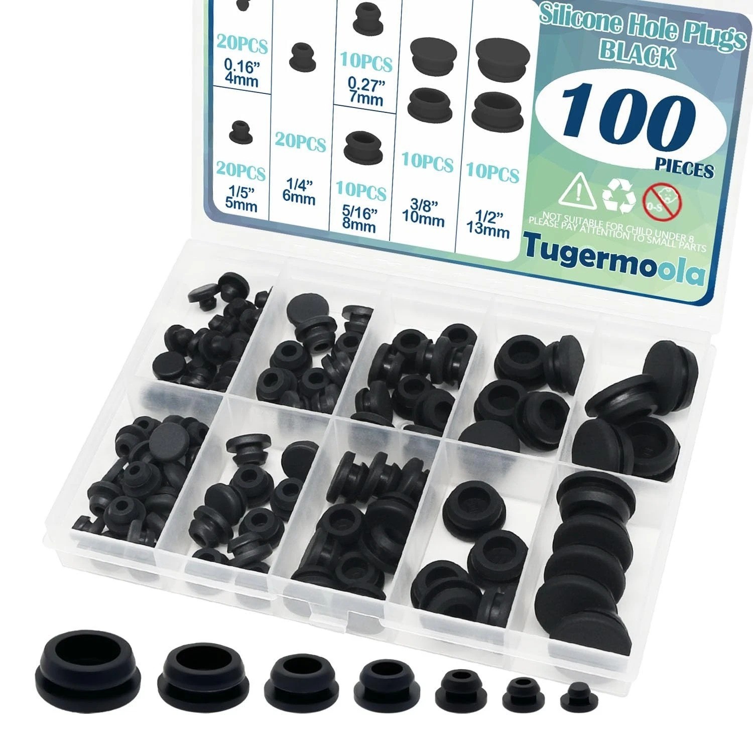 100PCS 7 Sizes Rubber Hole Plugs Assorted for Round Holes 1/5″ 1/4″ 5/16″ 3/8…
