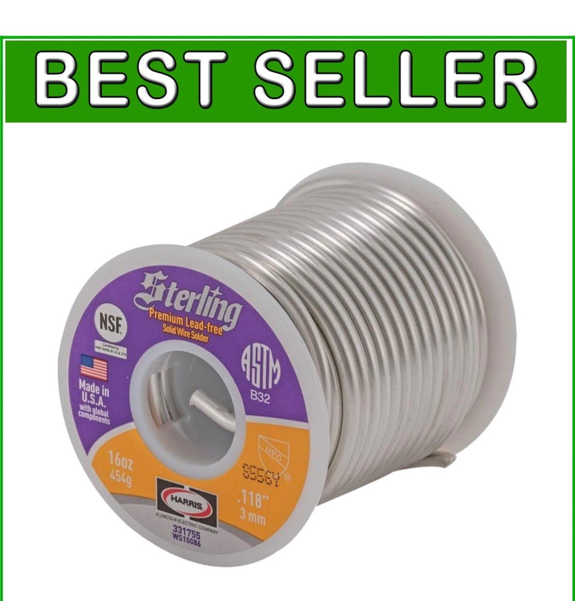 16oz LEAD-FREE SOLDER plumbing HARRIS PRODUCT .118″ 3mm STERLING 454g MADE inUSA