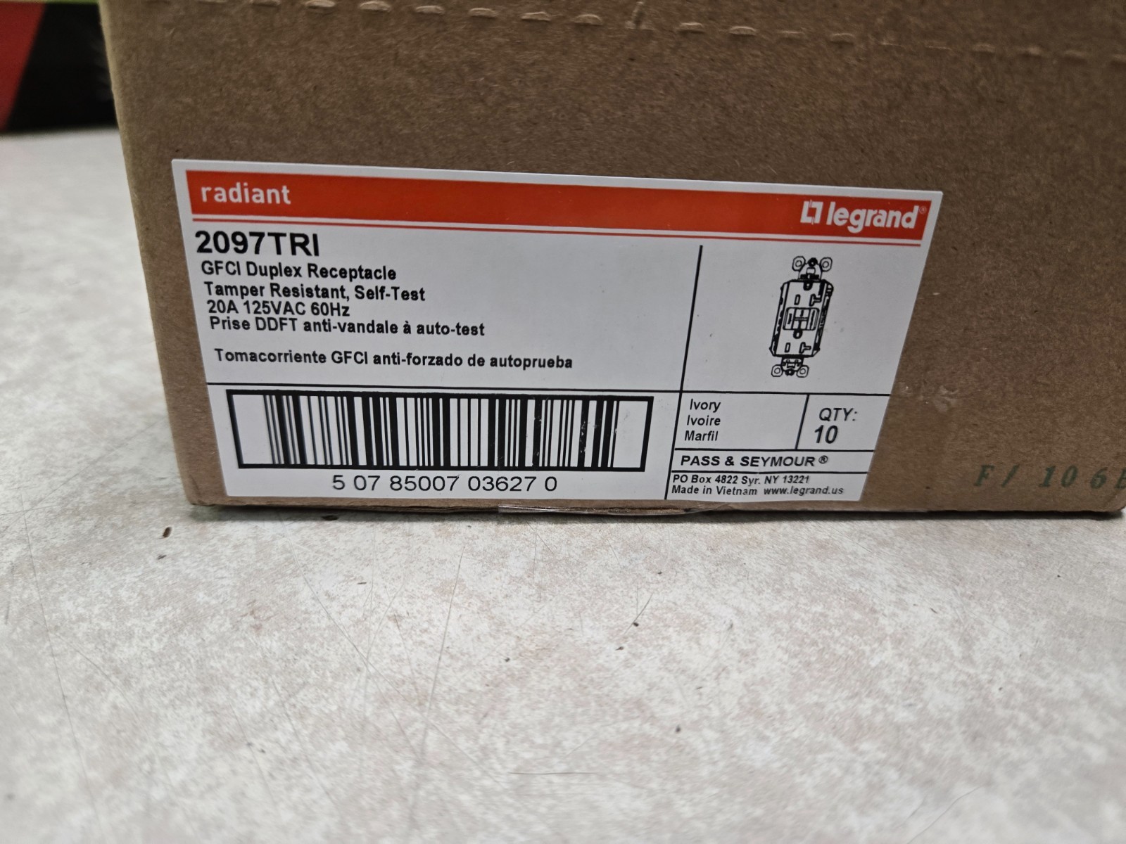 Box Of 10. Legrand Radiant 2097TRI 20A,GFCI Ivory Duplex Receptacles