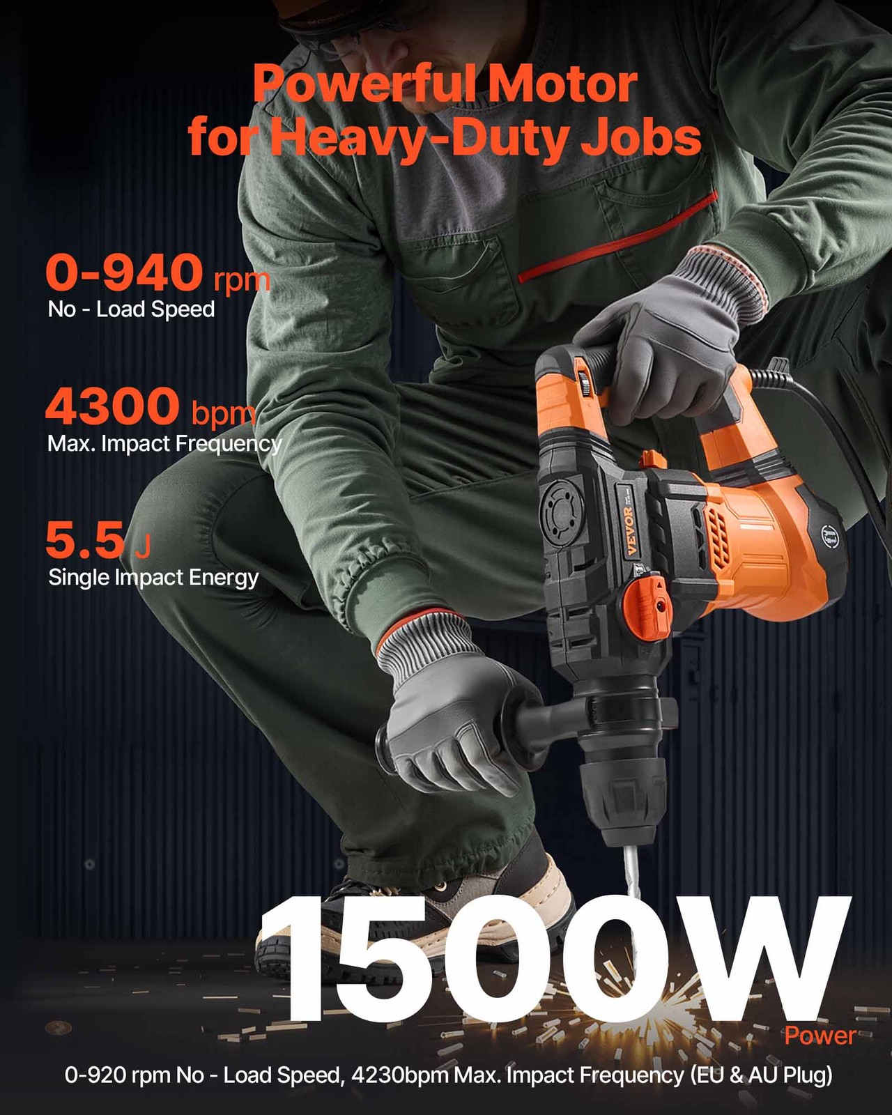 VEVOR Rotary Hammer Drill Corded Drills 1-1/4″ 4 Modes SDS-Plus Chipping Hammers