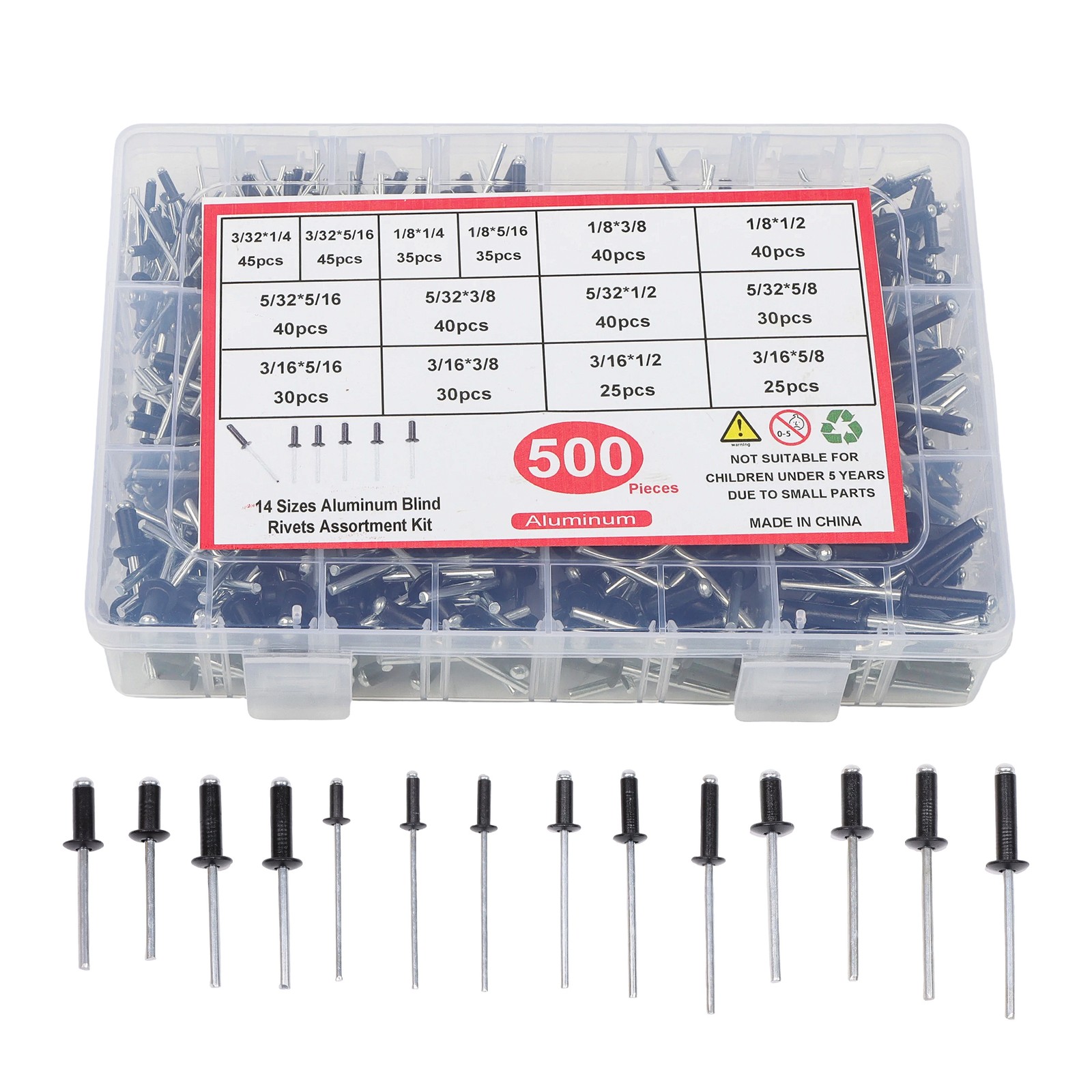 500 sets of rivet kits 3/32″ 1/8″ 5/32″ 3/16″ With 14 Standard Sizes W/ a Box