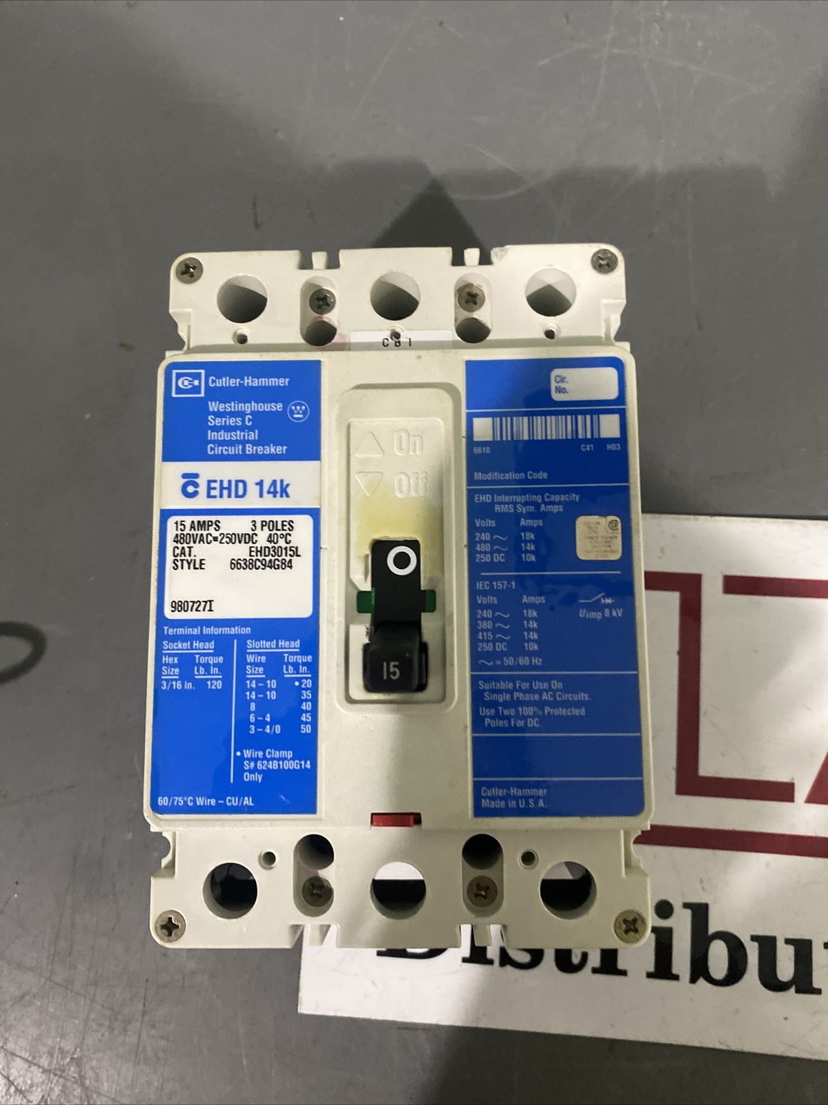 EHD3015L Cutler Hammer Eaton, 480V 15A Series C Circuit Breaker