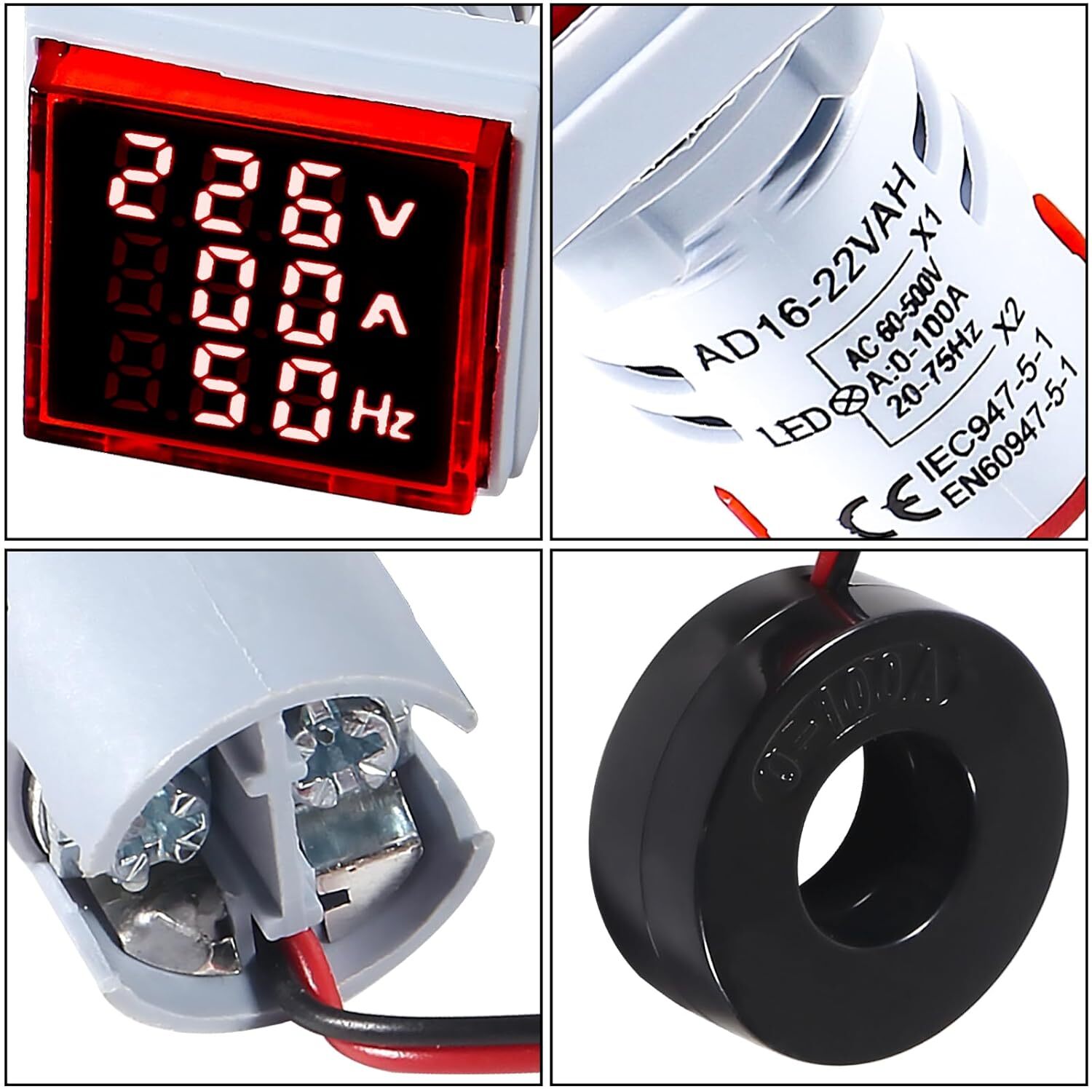 3 in 1 60-500V 0-100A AC Digital Ammeter Voltmeter LED Digital Tube Screen Red