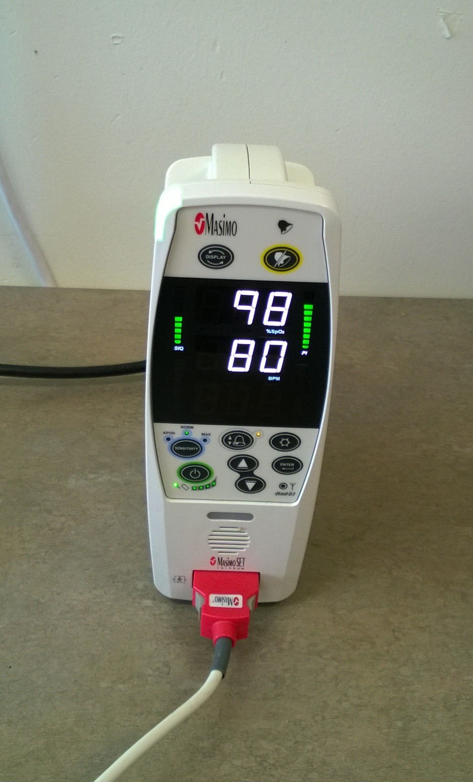 Masimo Rad 87V Pulse Oximeter, with OEM patient cable, adult sensor, and AC cord