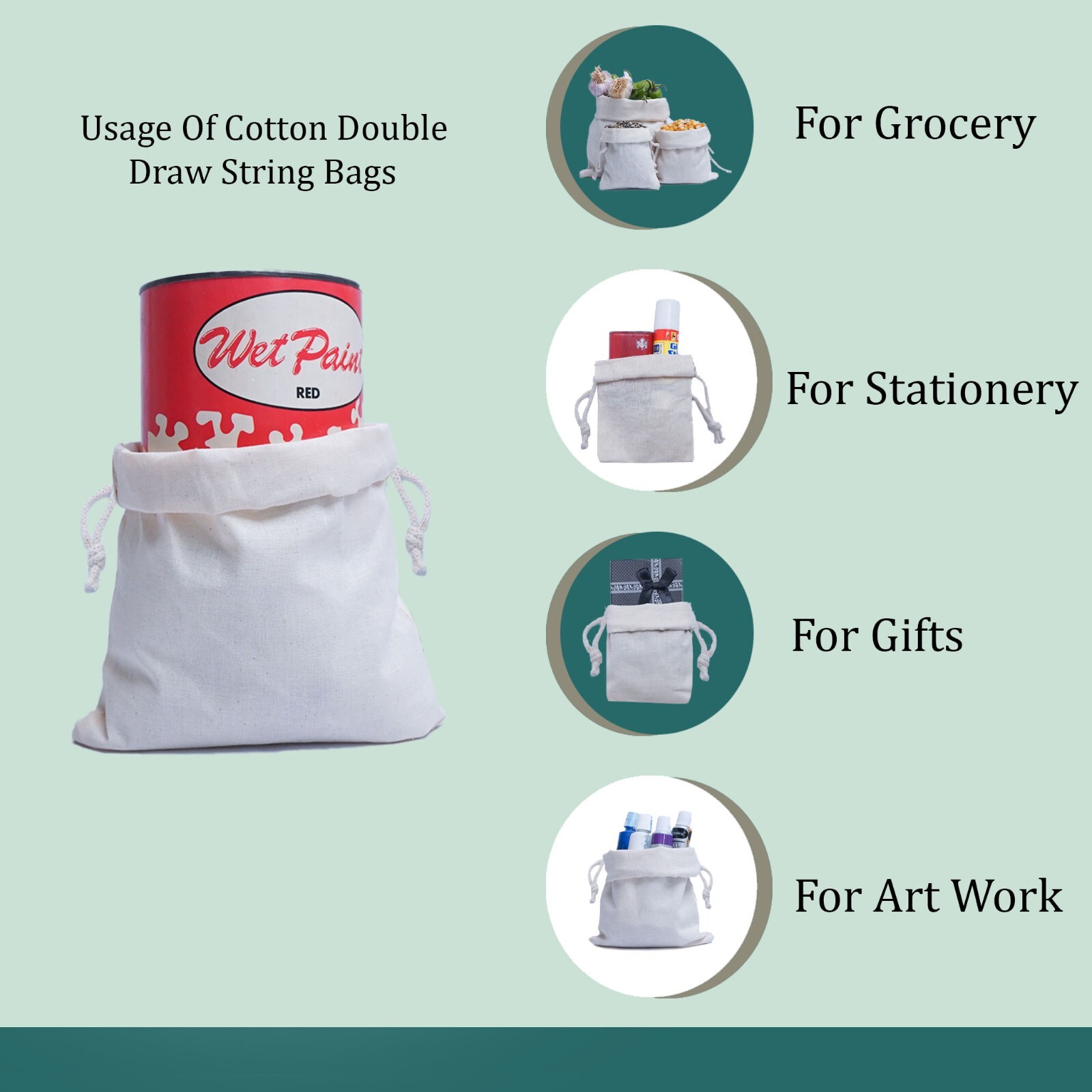 5 x 7 Inches 100% Cotton Reusable Storage Premium Quality Double Drawstring Bags