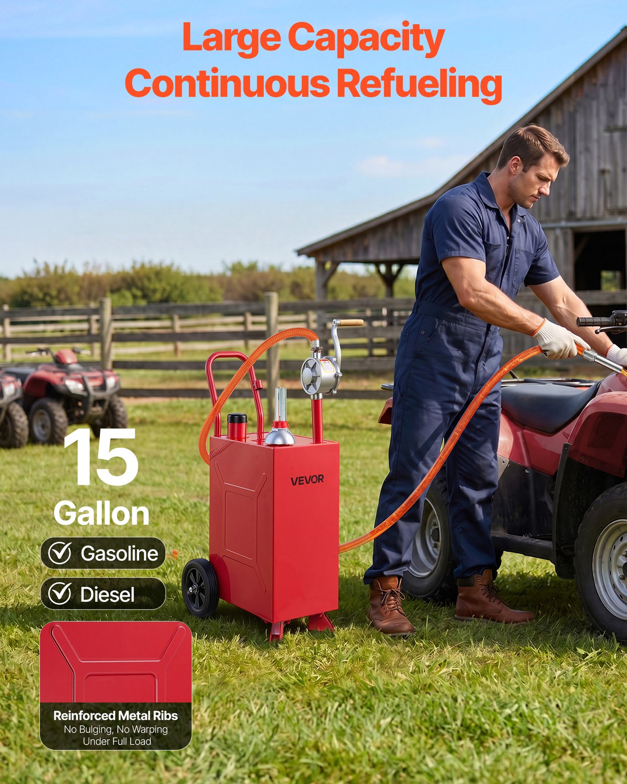 VEVOR 15 Gal Fuel Gas Caddy Portable Storage Tank with Manual Pump Wheels Red