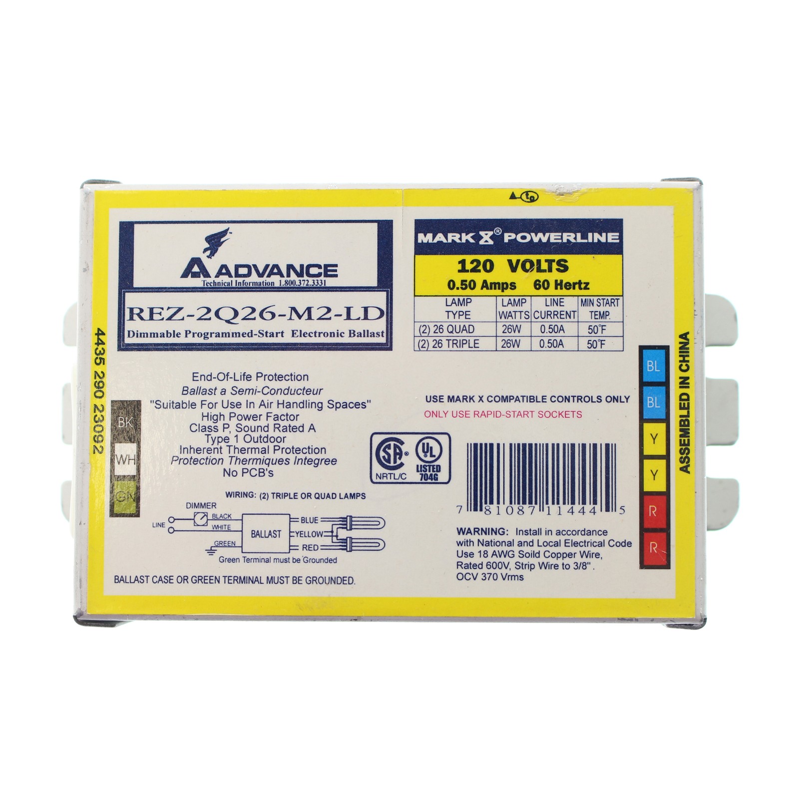 ADVANCE REZ-2Q26-M2-LD FLUORESCENT DIMMING BALLAST, 2-LAMP, CFL MARK-10 26W 120V