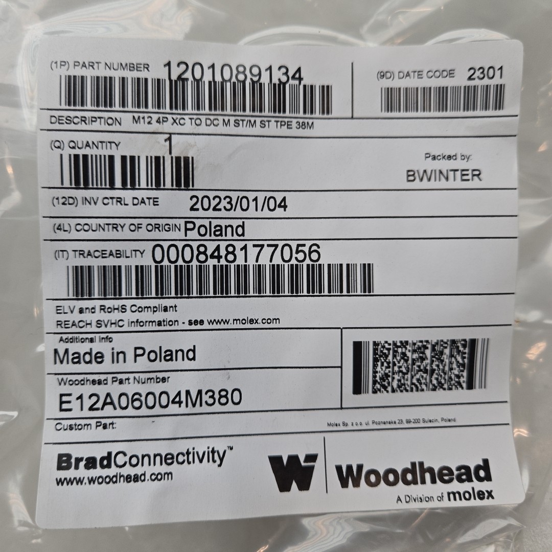 Woodhead 1201089134 M12 Ethernet Cable Assembly 48V 0.5A 38M E12A06004M380 New