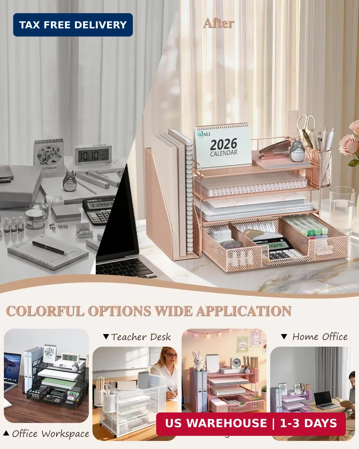 WALI Desk File Organizer, 4 Tier Desktop Paper Letter Tray Organizer with Drawer