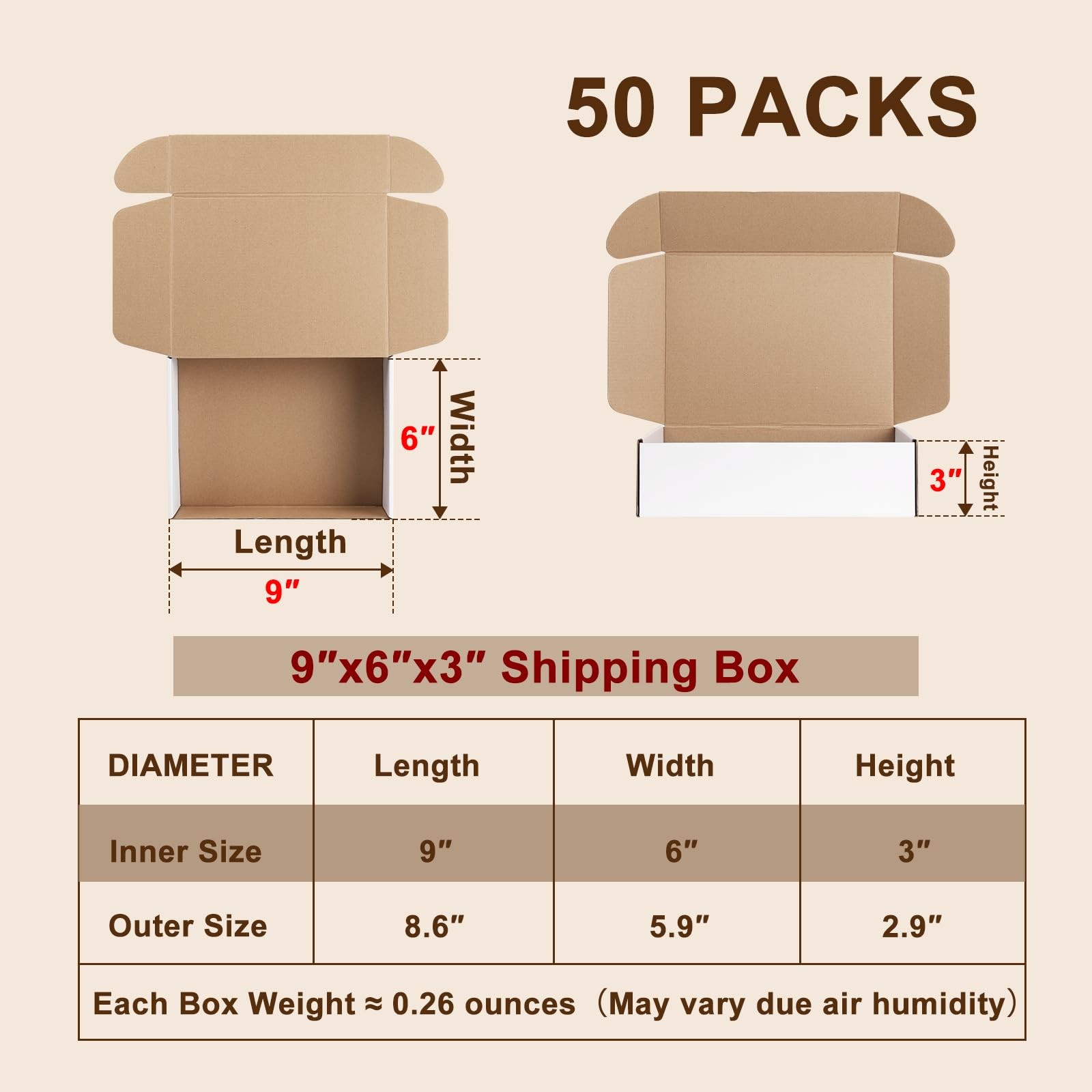 Hguba 9x6x3 Inches Shipping Boxes Set of 50, White 9*6*3INCH, WHITE