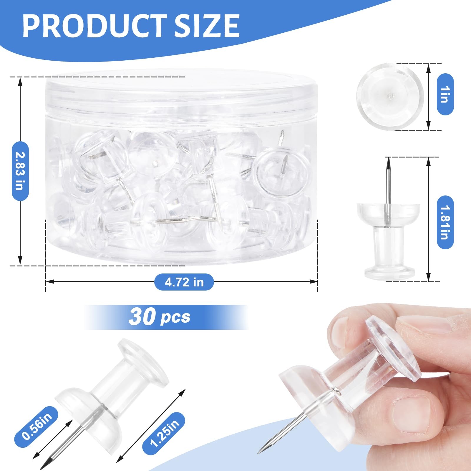 DANRONG 30 PCS Jumbo Push Pins for Bulletin Board, Large 1.81 inches, Clear