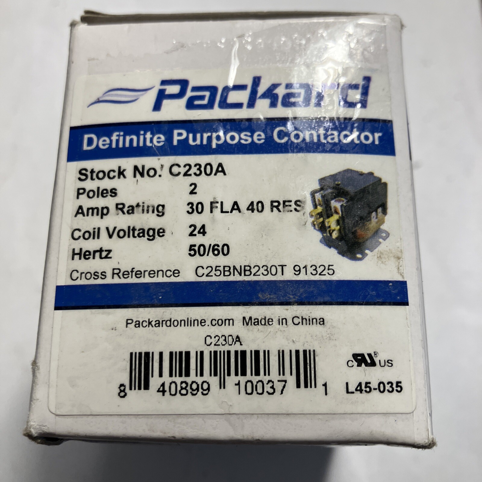 Packard Definite Purpose Contactor, 2 Pole, 30 Amps, 24 Coil Voltage, C230A