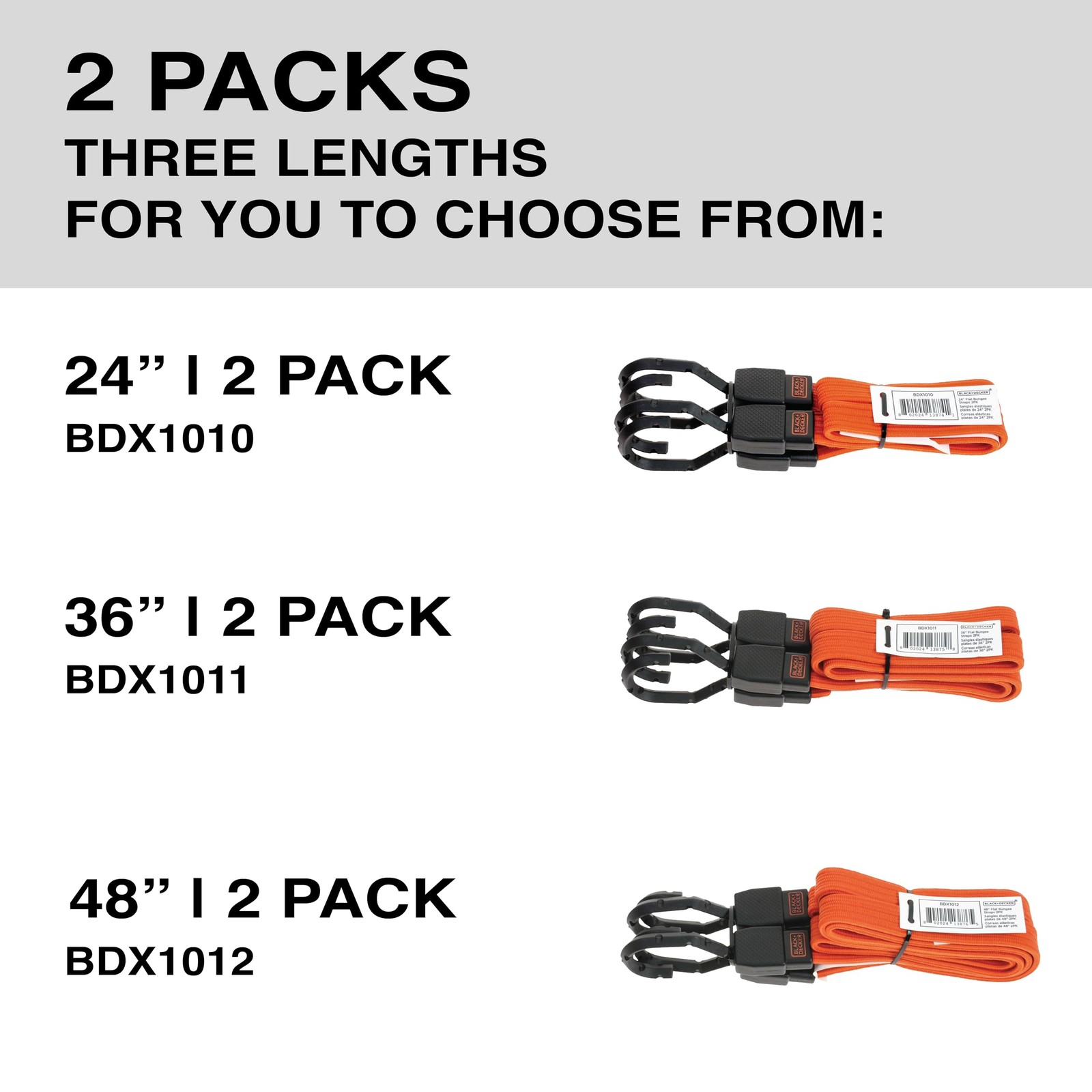 BDX1010 Black/Orange 24″ Flat Bungee Cord Straps, 2 Pack
