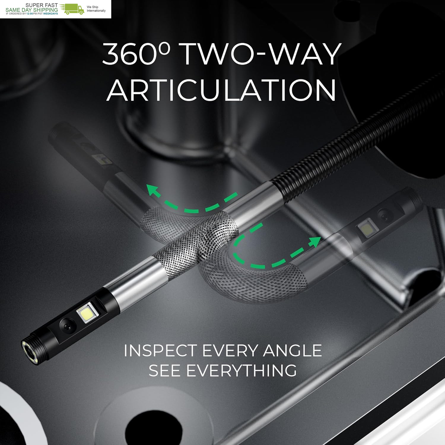 Two-Way Articulating Borescope 360°, Dual Lens Inspection Camera with Light, 6Mm