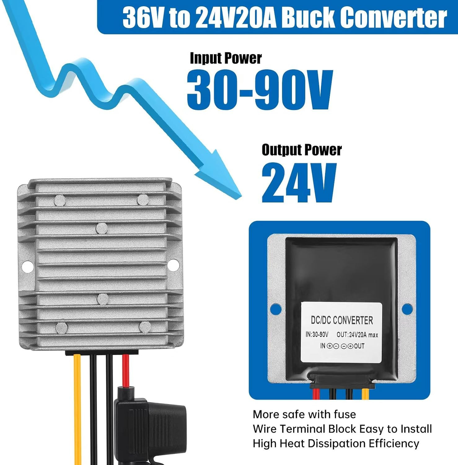 DC 30V-90V to 24V 20A 480W Waterproof Buck Power Converter DC to DC Step down Tr