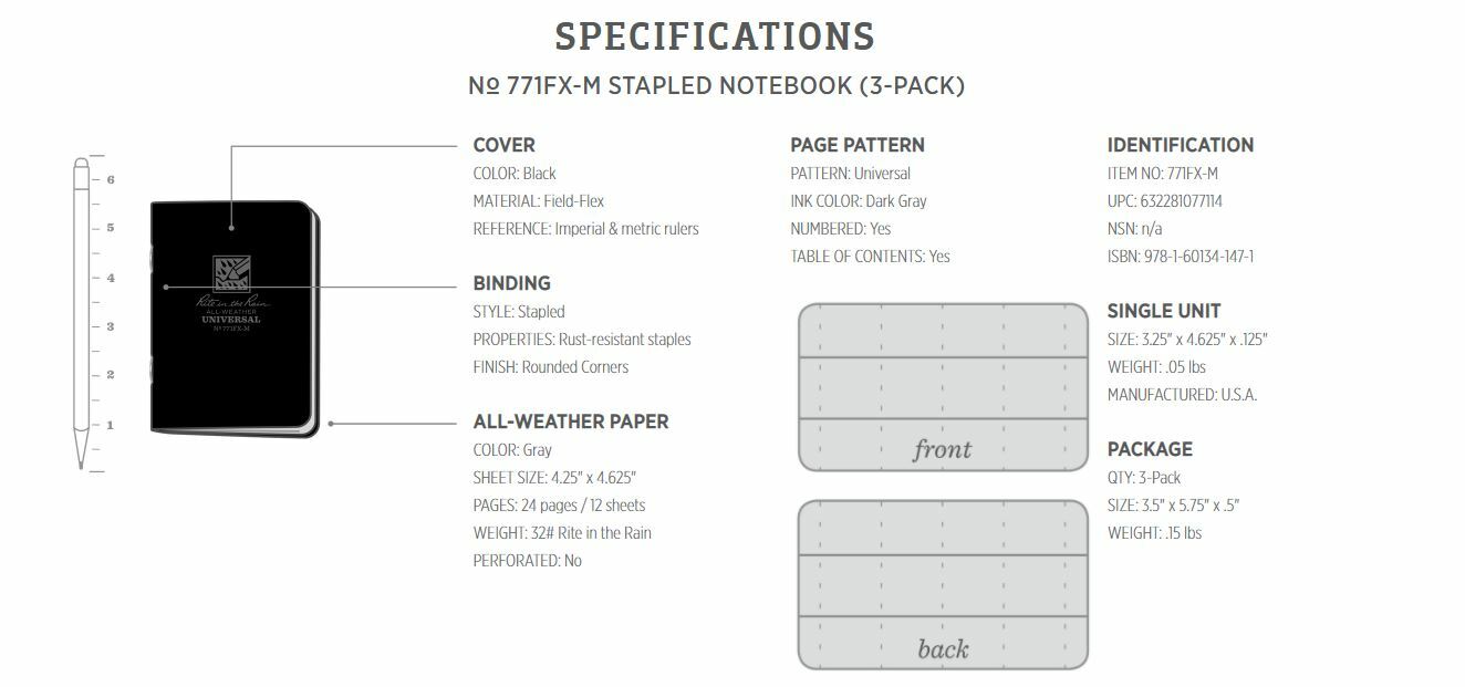 Rite In The Rain Mini Stapled Notebook 3 Pack Black Field-Flex Cover Universal