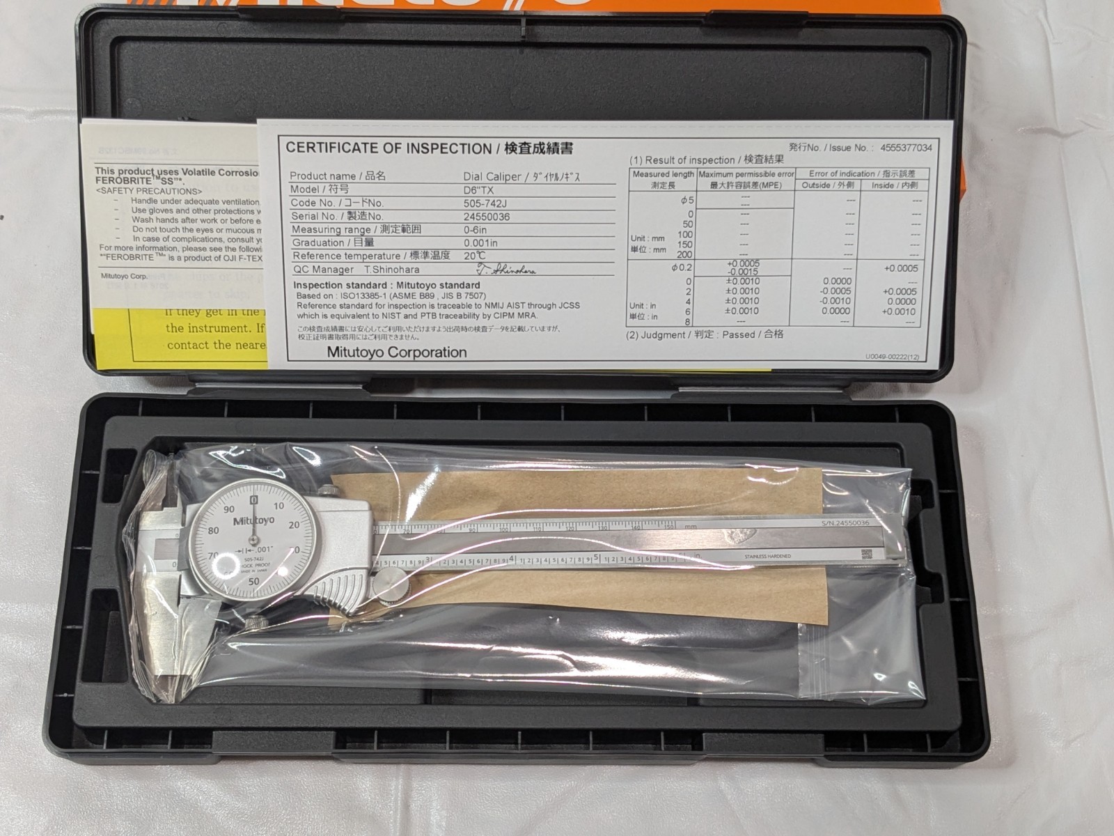 Mitutoyo Dial Caliper 0 to 6″ Range D6 ” TX 505-742J