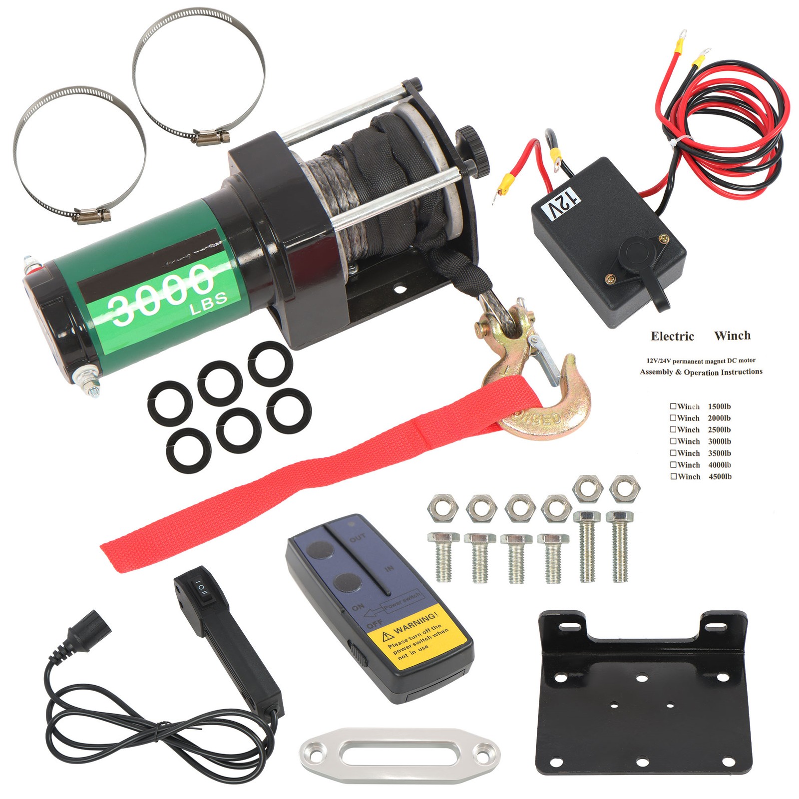 12V 3000 LBS Electric Winch 1/5in x 32ft Synthetic Rope Electric Winch