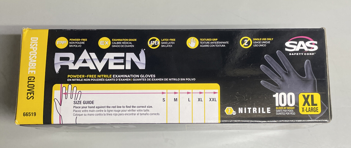 SAS Safety X-LARGE 66519 Raven Powder-Free Disposable Black Nitrile 6 Mil Gloves