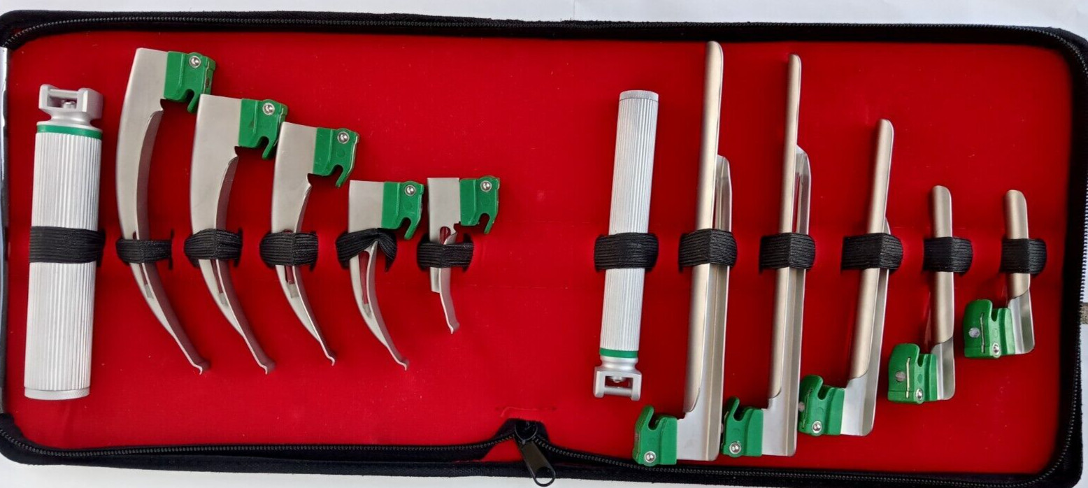 GERMAN LARYNGOSCOPE SET 12PCS INTUBATION BLADES + 2 HANDLE FIBER-OPTIC KIT