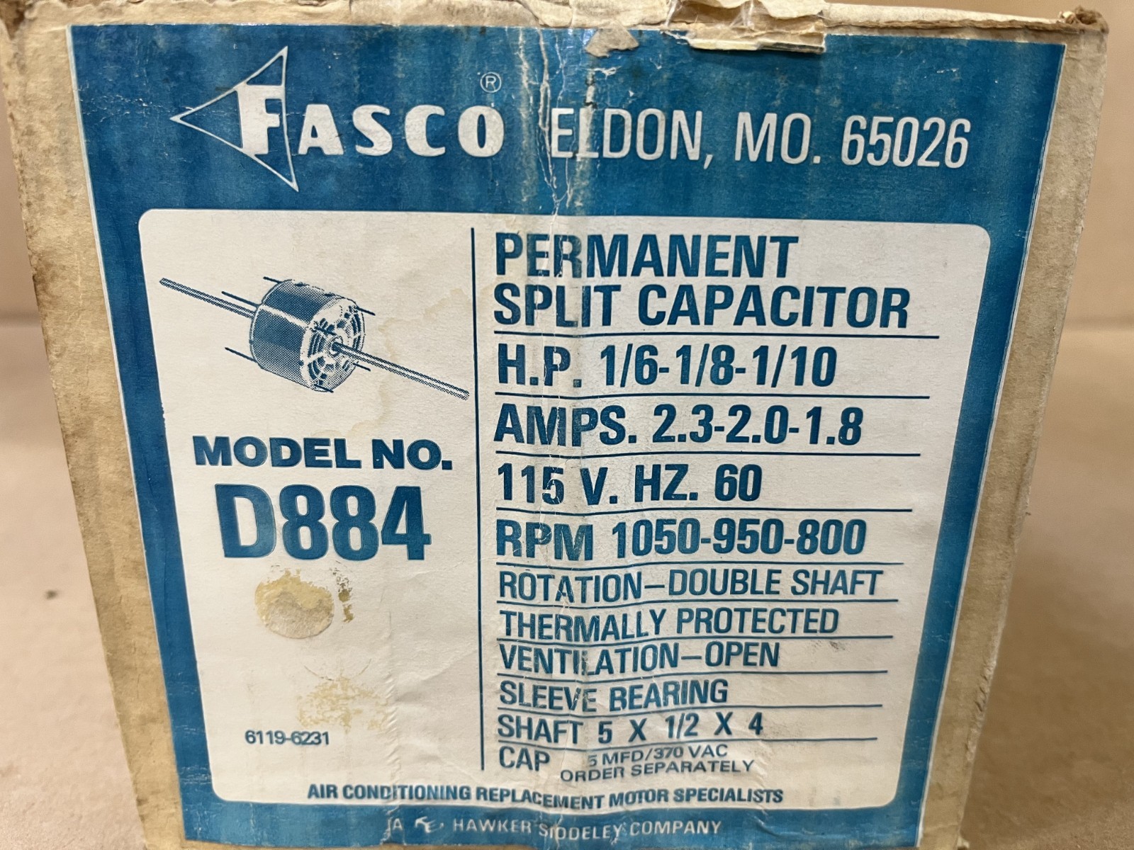 Fasco D884 Permanent Split Capacitor Motor 1/6 1/8 1/10 HP 1050 950 800 RPM 115V