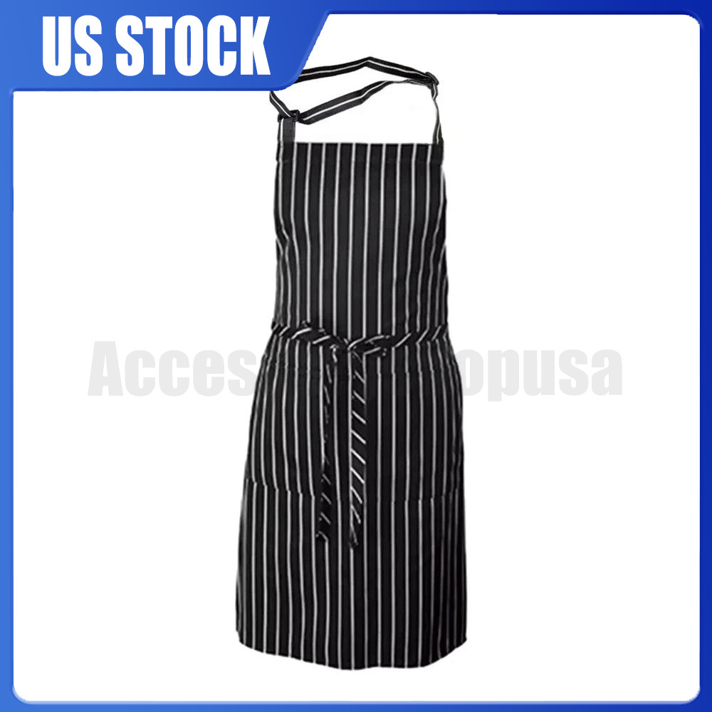 1Pc Kitchen Aprons Striped Cooking Chef Adjustable Bib Apron with 2 Pockets