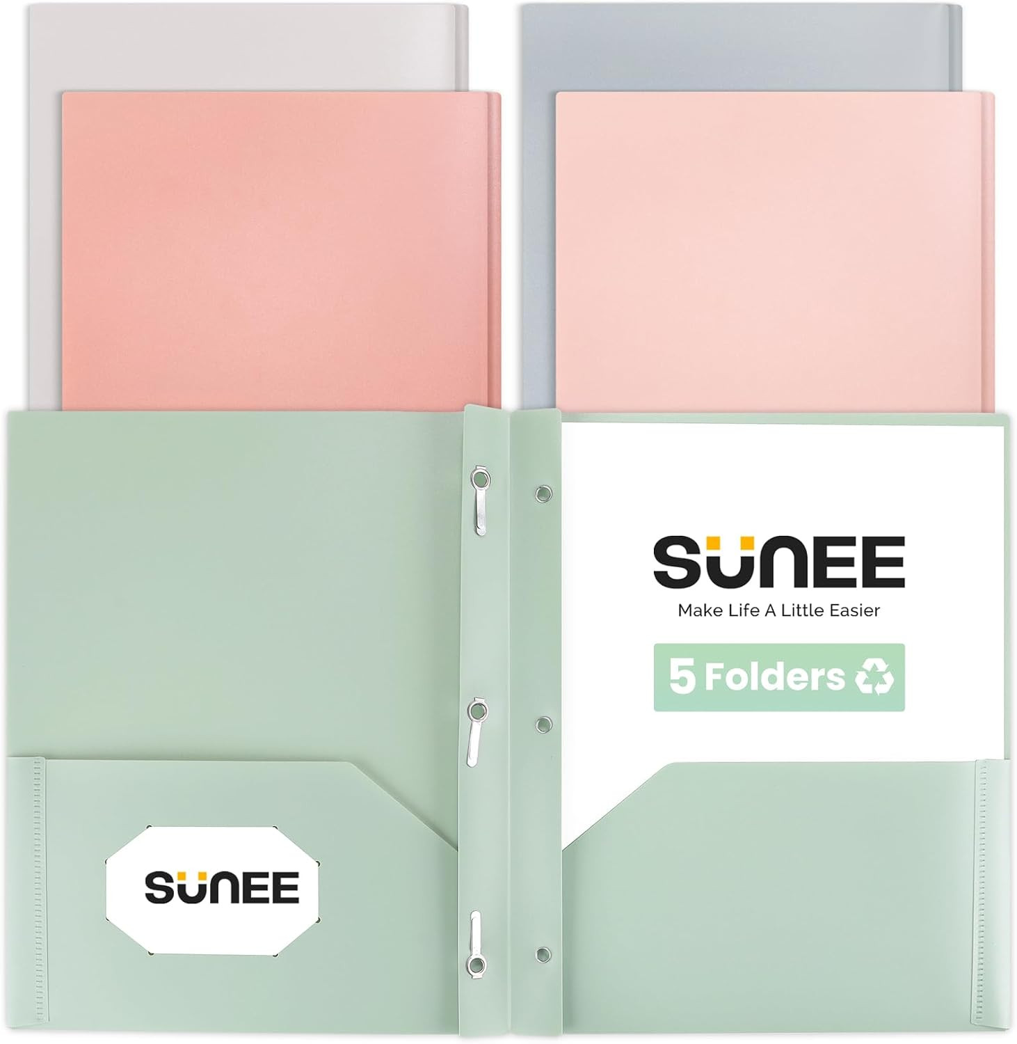 Pocket Folders with Prongs(5 Pack, Vintage Colors) Recycled Plastic Folders with