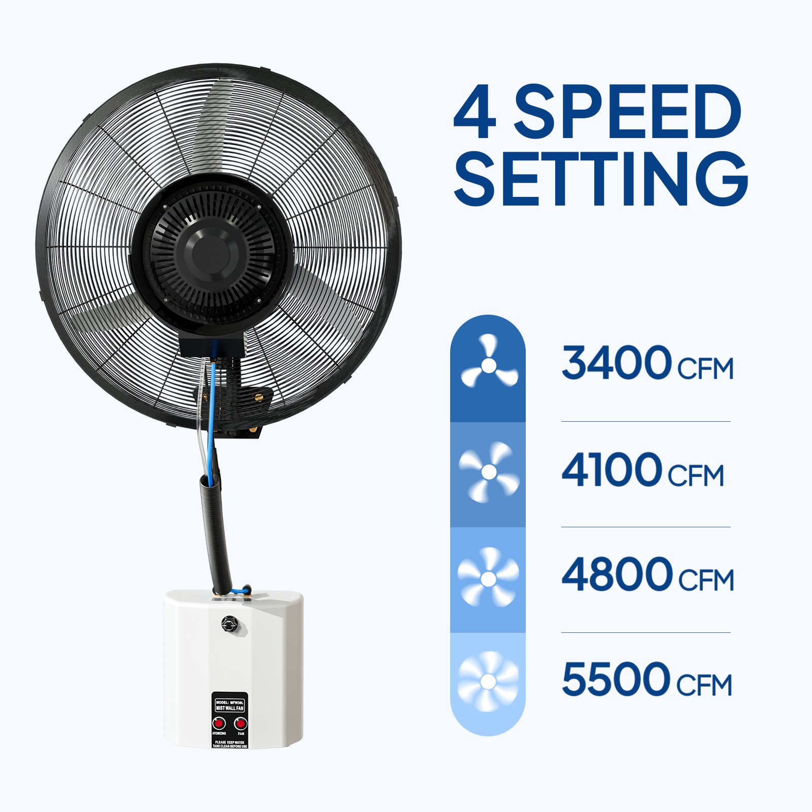 Outdoor Wall-Mount Misting Fan Oscillating Metal Fan 20» 4 Speeds w/Water Tank