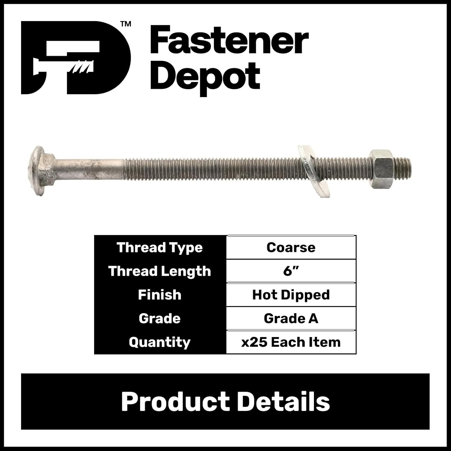 5/8”-11 x 7” Hot Dipped Galvanized Carriage Bolt Kit w/ Nuts & Flat Washers—25x