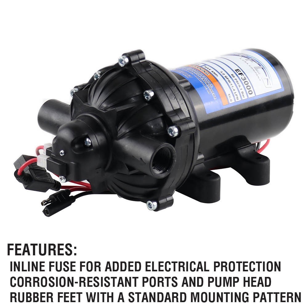 Everflo EF3000 12V Diaphragm Sprayer Pump – 3.0GPM, 60 PSI Max, 1/2″ FNPT Ports
