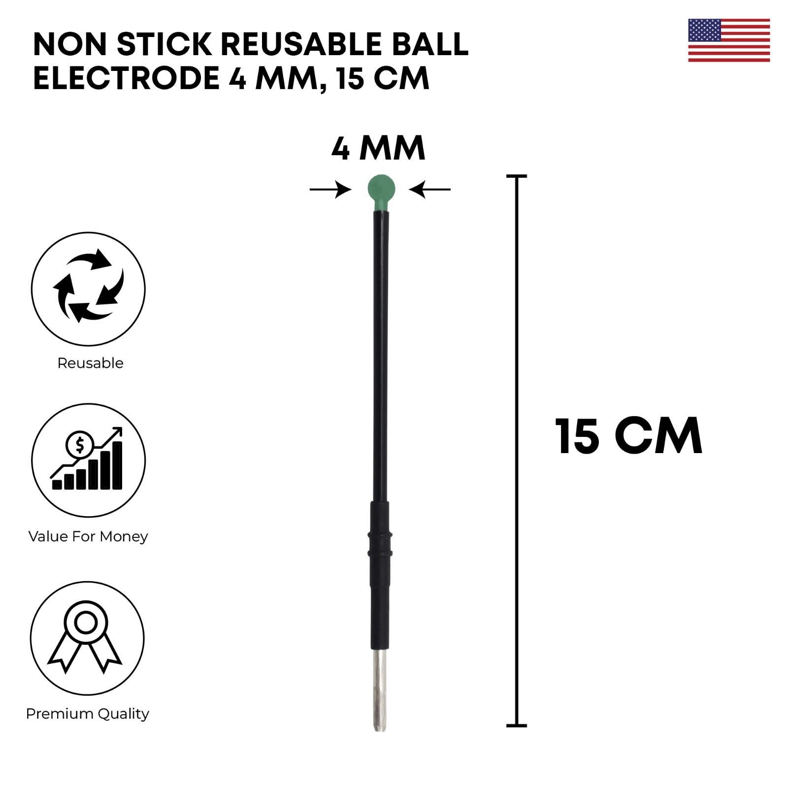 Non-Stick Reusable Ball Electrode 4mm, 15 cm Electrosurgical Electrode